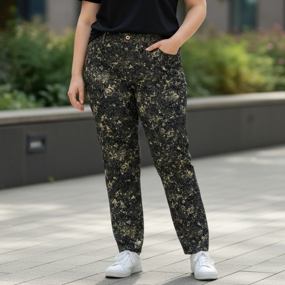 Peruvian Connection Damask Print Pants Women's Size 16 Black Tan Slim Fit